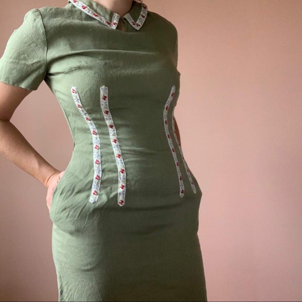 50s/60s Linen Collared Dress - Picture 6 of 7